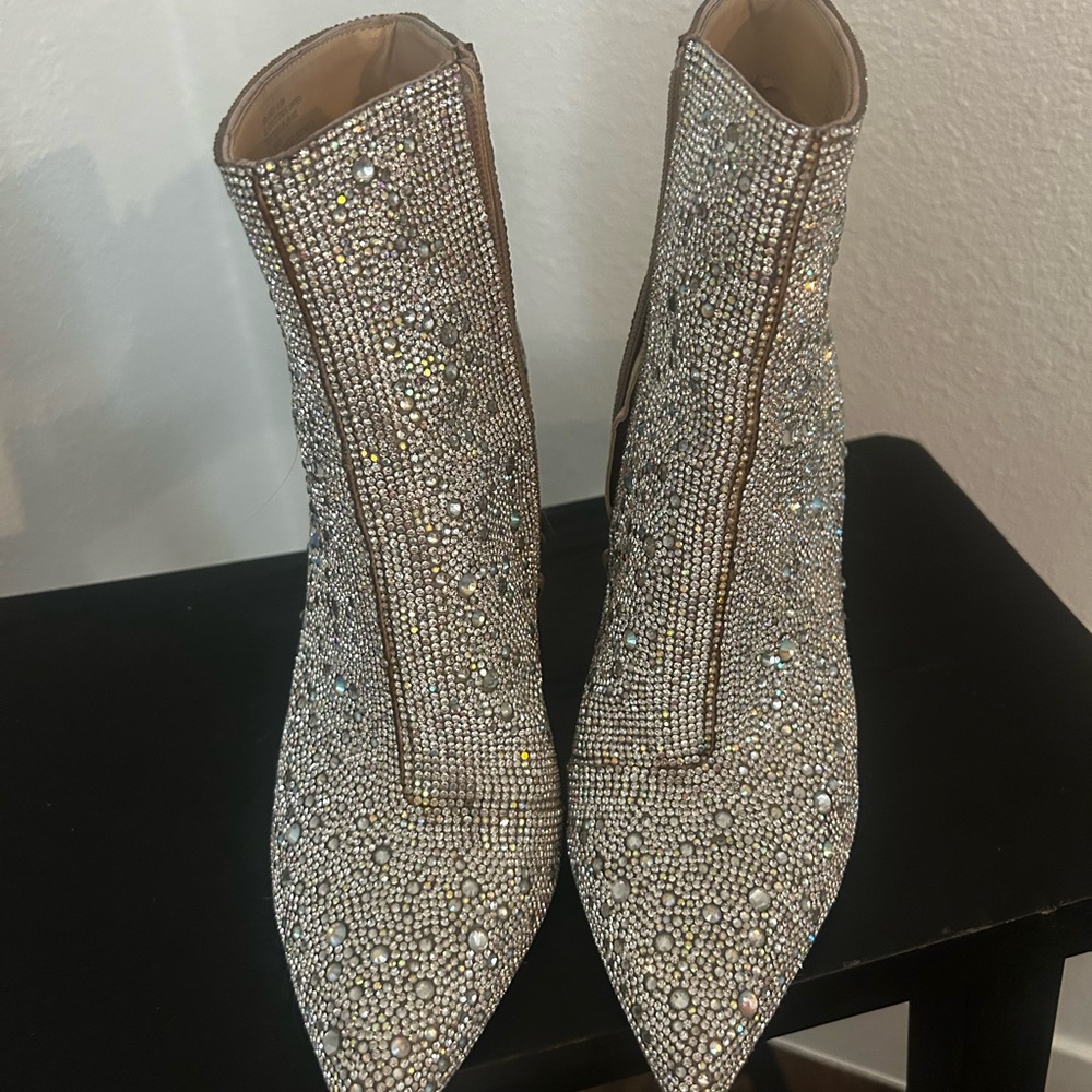 Betsey Johnson Cady Silver Rhinestone booties with pointed toe